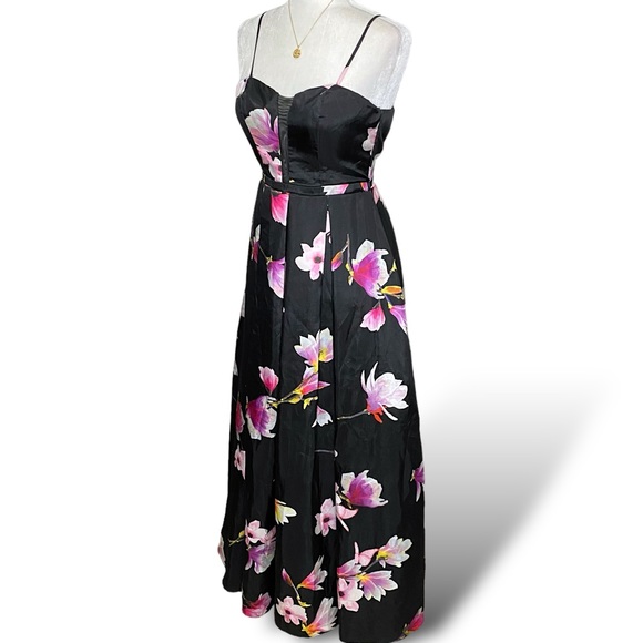 Boho Floral Formal A-Line Full Maxi Dress Black Sweetheart Long Coquette Gown - Picture 4 of 10